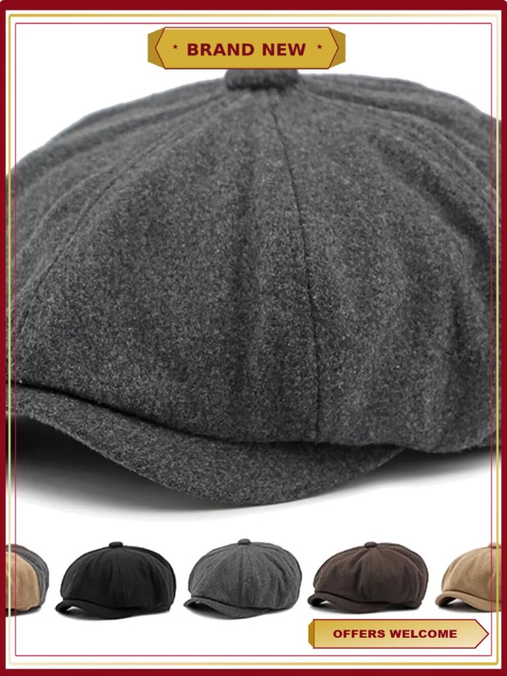 Men's 8 Panel Newsboy Cap Vintage Tweed Herringbone Cabbie Flat Hat